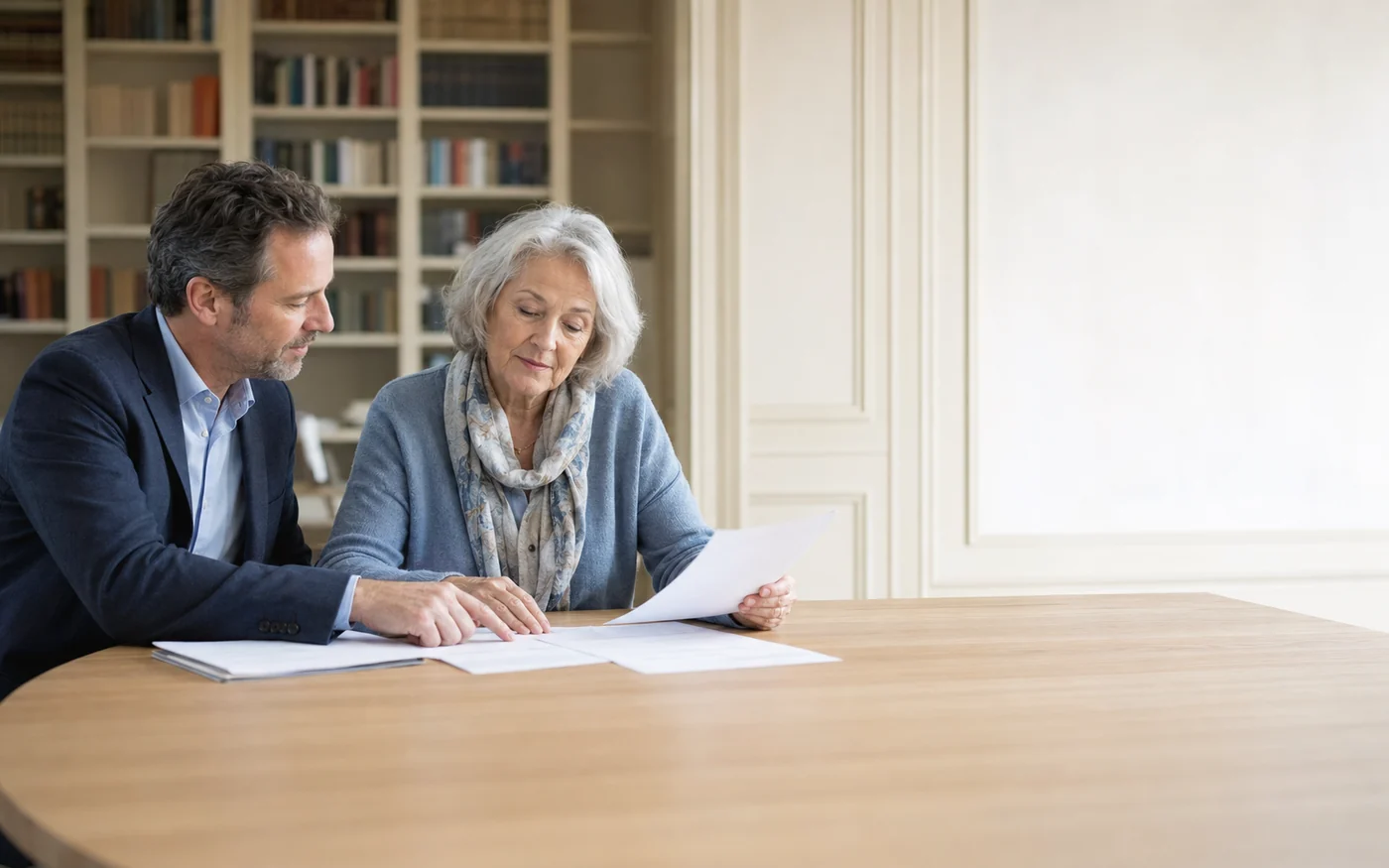 Une senior classe calmement des documents avec un conseiller